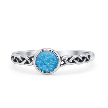 Celtic Style Round Thumb Ring Oxidized Statement Fashion Ring Band Lab Created Blue Opal 925 Sterling Silver